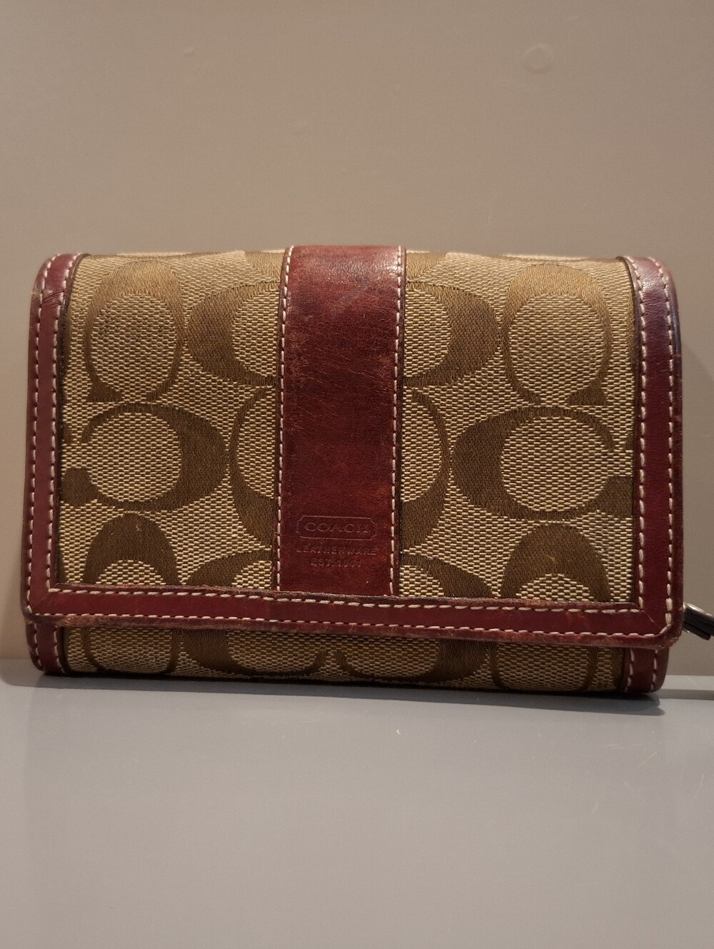 Coach Canvas Trifold Wallet in Brown and Burgundy